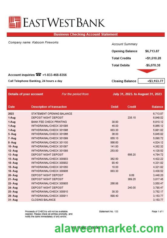 East West Bank firm account statement Word and PDF template